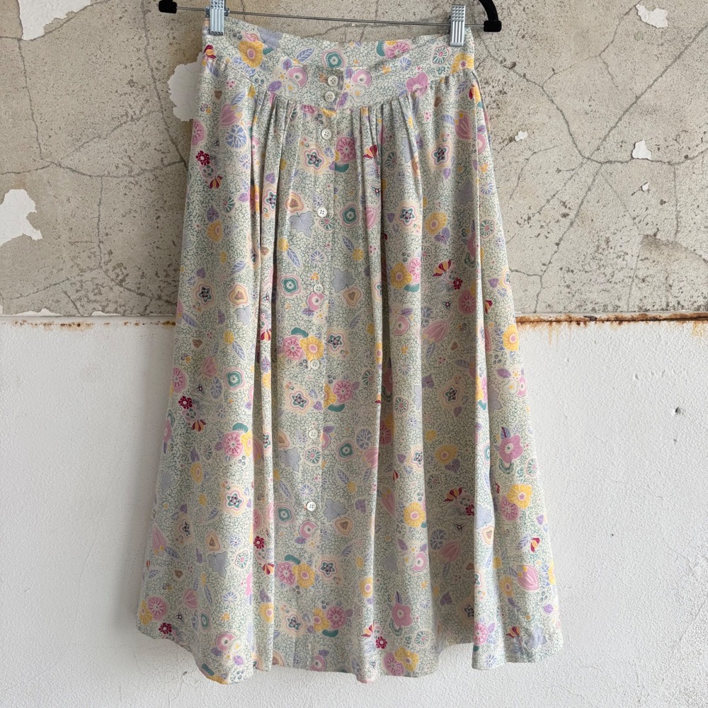 Vtg Silk Midi Skirt Pastel Ditsy Floral Button Front BJ Larken Womens S Vtg 90s